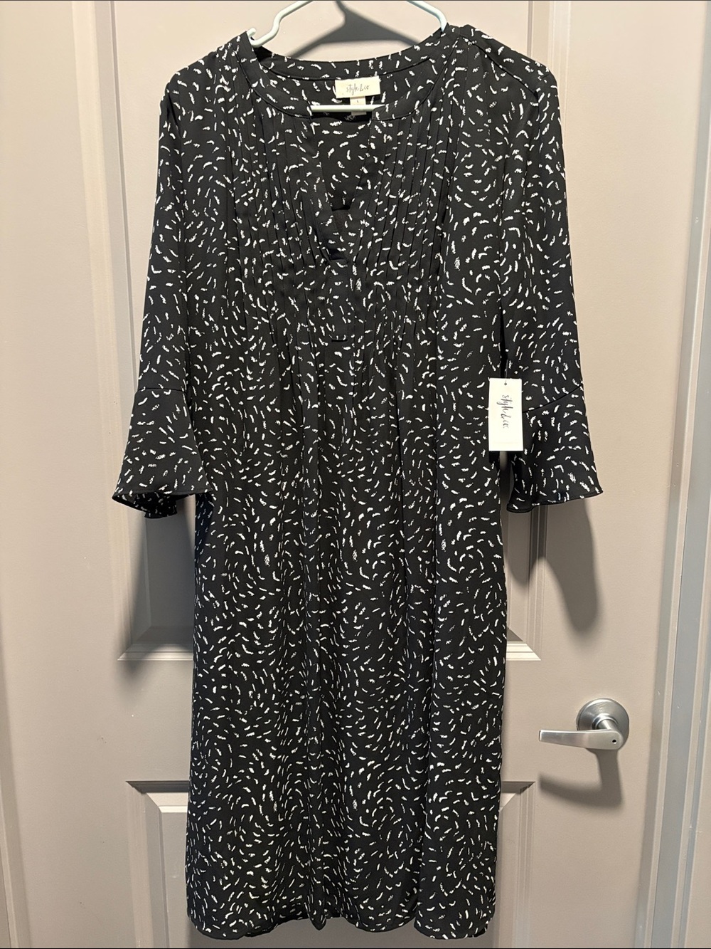 NWT Style & Co Black Pintuck Midi Dress Large Tie Belt Lined 3/4 Sleeve $79.50